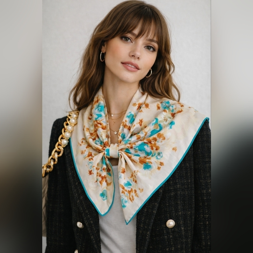 Cream Floral Square Scarf Turquoise Trim Light Sheer Summer Elegant Women